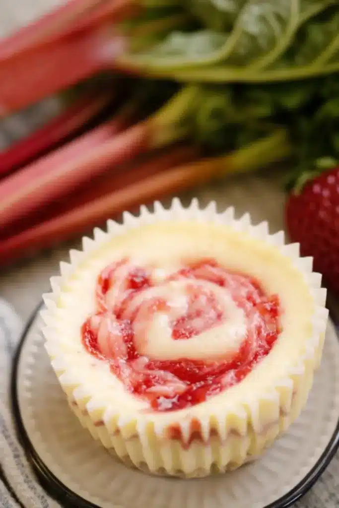 Strawberry rhubarb mini cheesecake with creamy filling and fruit swirl