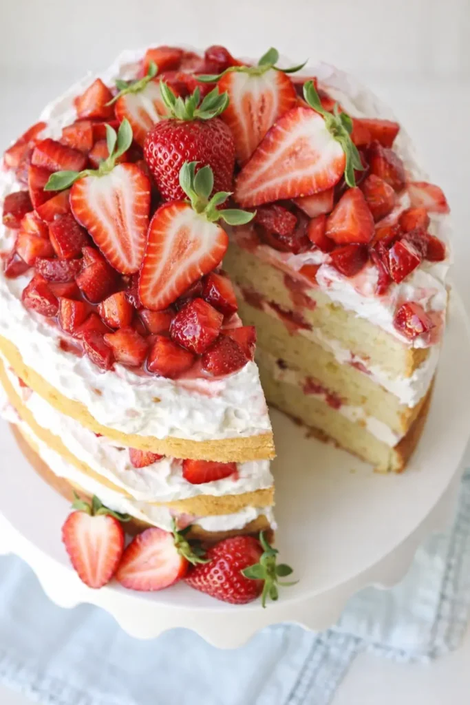 Strawberry Shortcake Cake with slice removed showing layers of cream and fresh strawberries