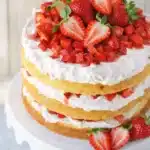 Three layer strawberry shortcake cake with whipped cream and fresh strawberries on cake stand