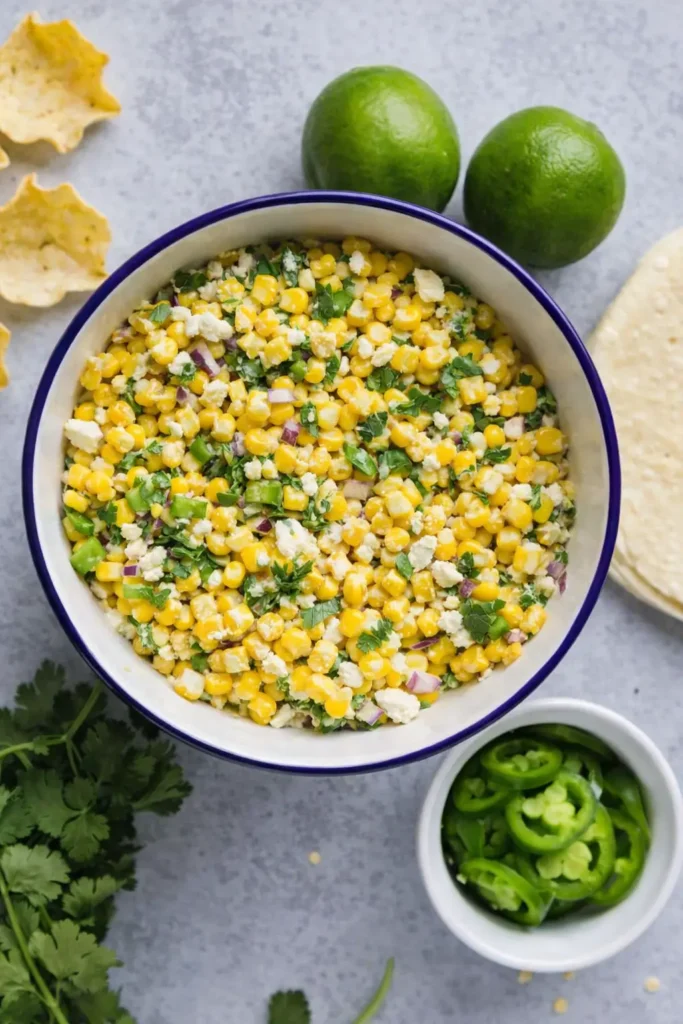 Street Corn Salad with cilantro, lime, jalapeño and cheese in a bowl