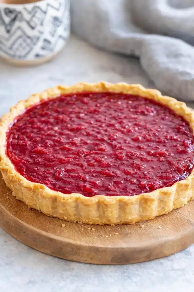 Sweet rhubarb custard tart with glossy rhubarb topping and golden shortcrust pastry