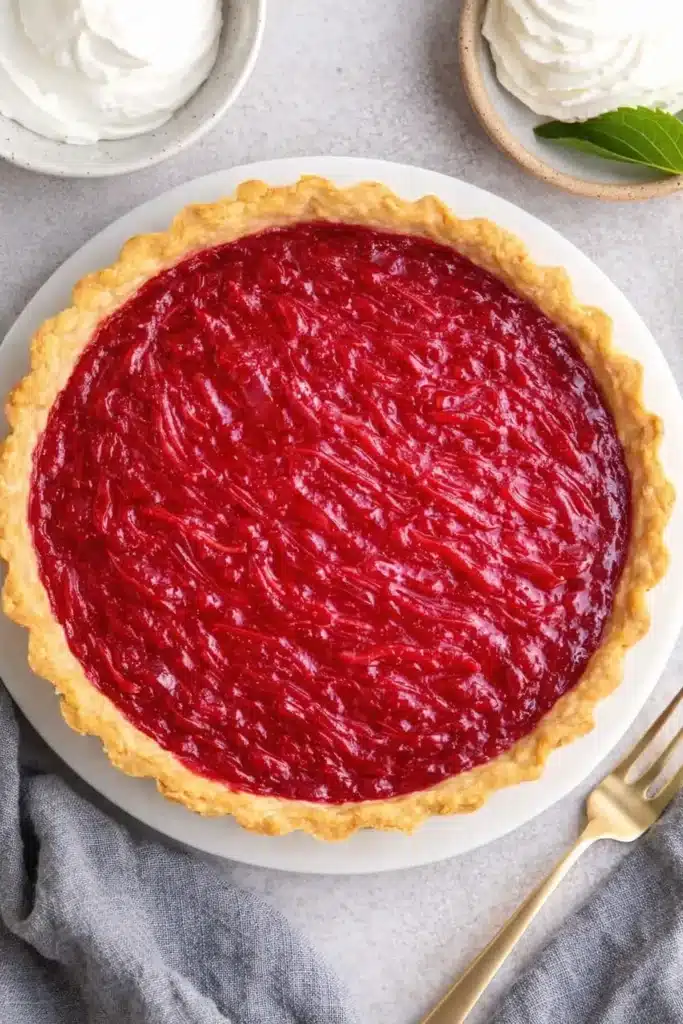 Sweet rhubarb custard tart with glossy rhubarb topping and golden shortcrust pastry