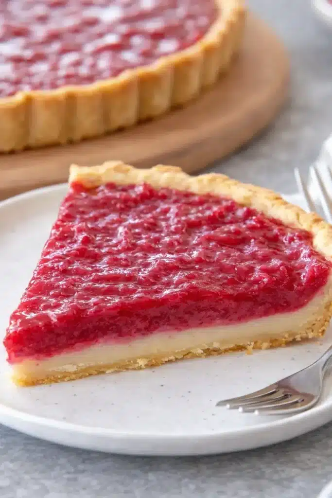 Slice of sweet rhubarb custard tart with creamy custard and glossy rhubarb topping