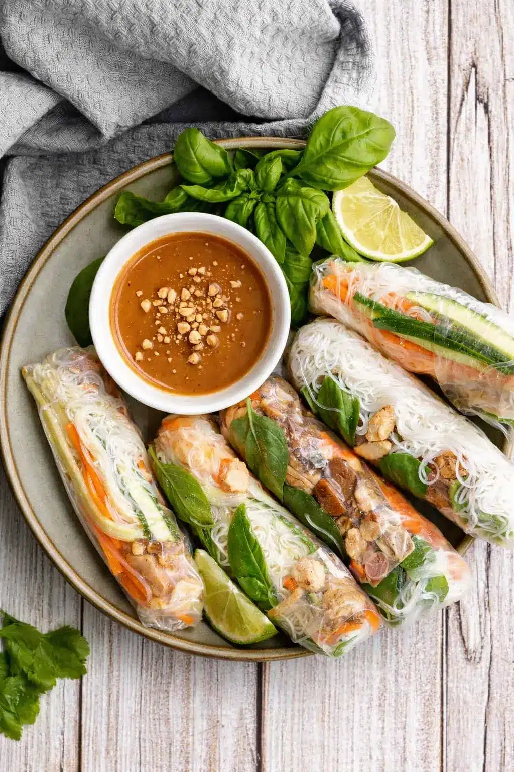 Vietnamese summer rolls with peanut sauce, fresh herbs, and vegetables on a plate