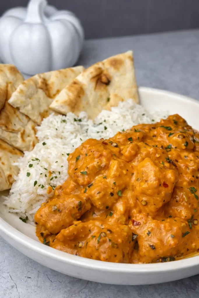 Butter chicken served with basmati rice and naan bread in a ceramic bowl