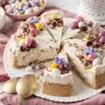 Easter no-bake mini egg cheesecake with pastel chocolate eggs on creamy vanilla cheesecake slices