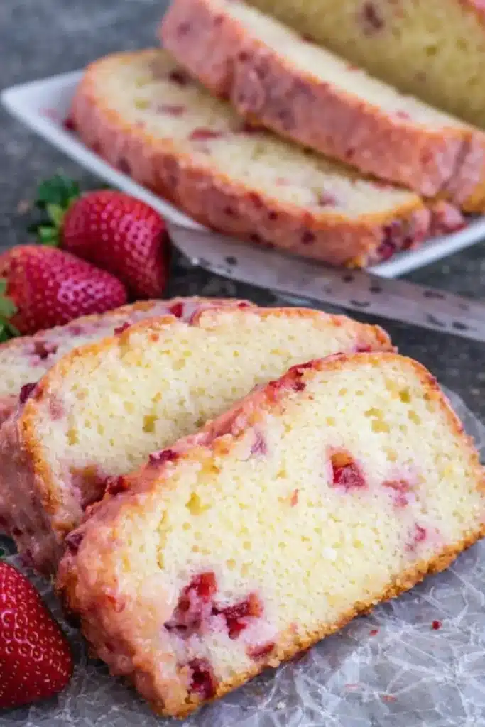 Easy Strawberry Pound Cake Recipe That Tastes Amazing 6 Easy Strawberry Pound Cake slices with glaze, fresh strawberries, and serving plate