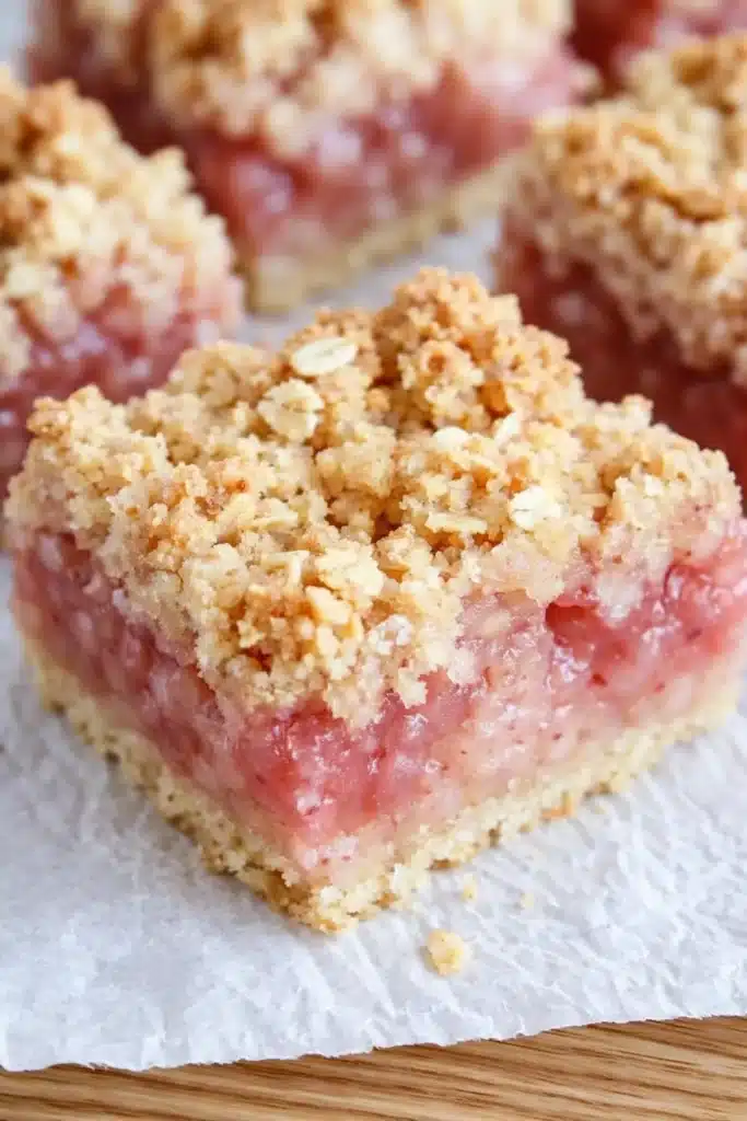 Homemade Rhubarb Crumble Bars Recipe That Feels Amazing 6 Homemade Rhubarb Crumble Bars with glossy pink filling and crisp crumble topping