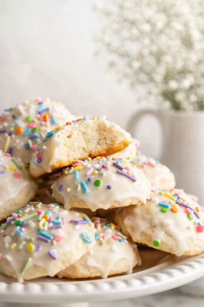 Italian Easter Cookies Recipe | Amazing Soft Lemon Treat 6 Italian Easter cookies with lemon glaze and colorful sprinkles stacked on a plate
