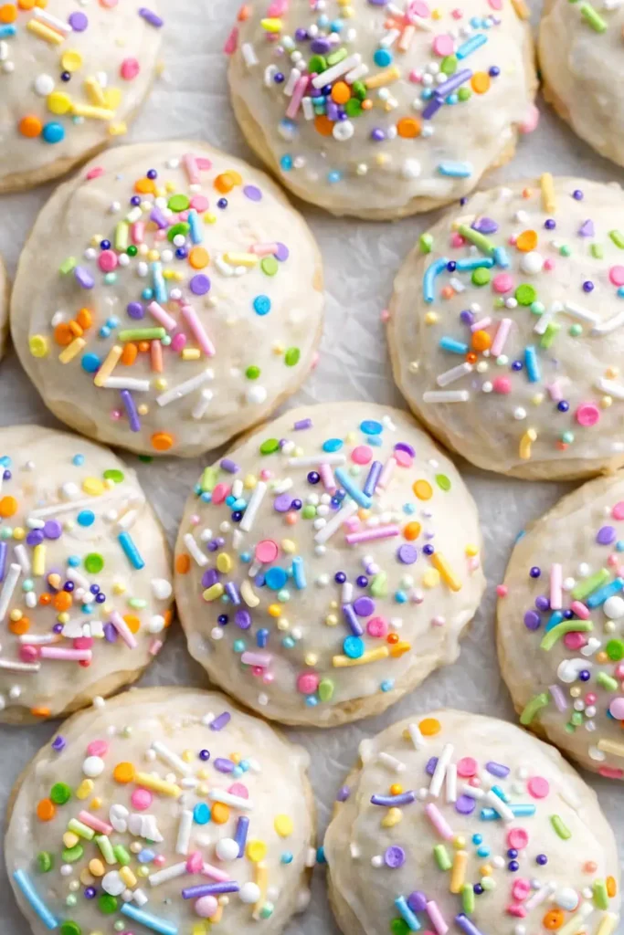 Italian Easter Cookies Recipe | Amazing Soft Lemon Treat 7 Italian Easter cookies with lemon glaze and colorful sprinkles on parchment paper
