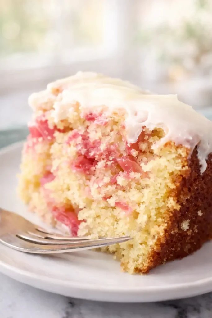 Rhubarb cake slice with vanilla glaze on a plate, soft crumb and pink rhubarb pieces