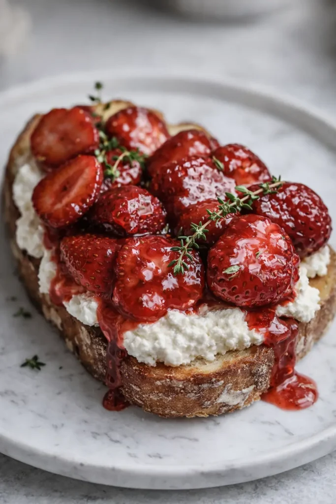 Roasted Strawberry Whipped Ricotta Toast That Feels Amazing 4 Roasted Strawberry Whipped Ricotta Toast with syrupy berries on marble plate