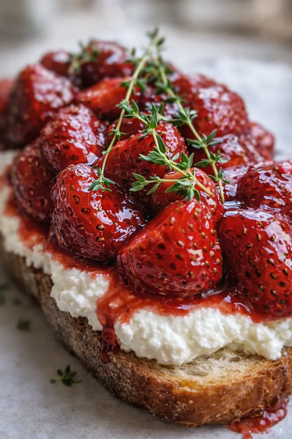 home 6 Roasted strawberry whipped ricotta toast on rustic bread with thyme