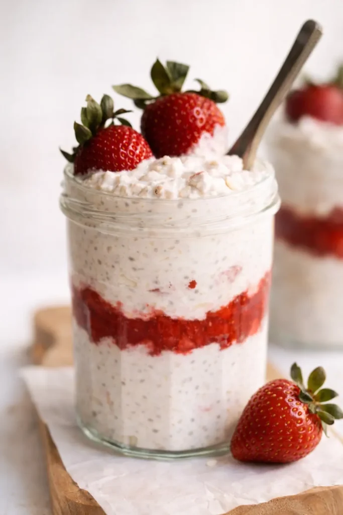 Strawberry cheesecake overnight oats in a glass jar with fresh strawberries and creamy layered filling
