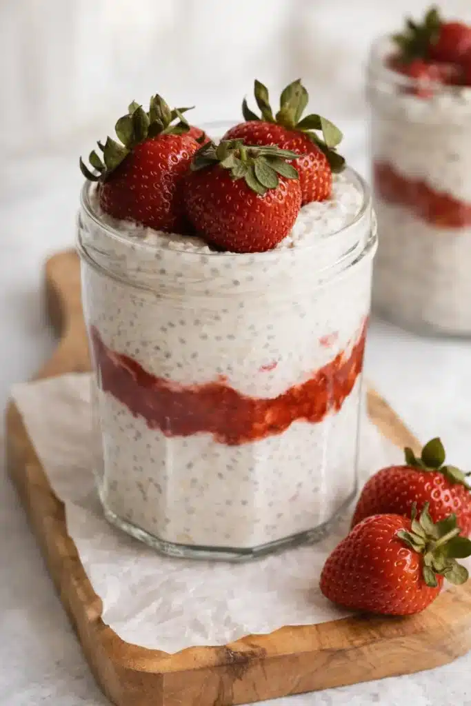 Strawberry cheesecake overnight oats in a jar with fresh strawberries and layered compote