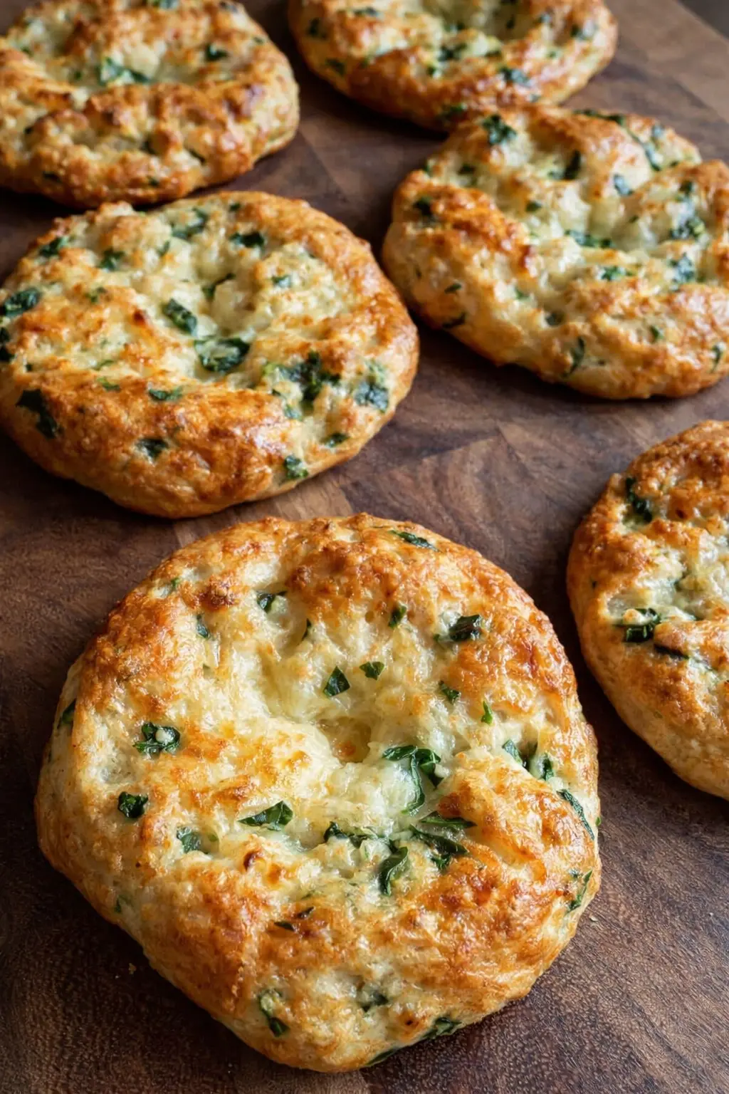 Easy spinach cottage cheese flagels with golden crust and visible spinach baked on a rustic surface ..