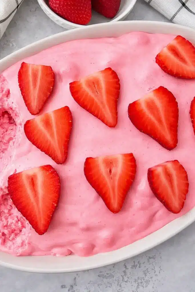 Pink Fluff Recipe with strawberries showing creamy fluffy texture
