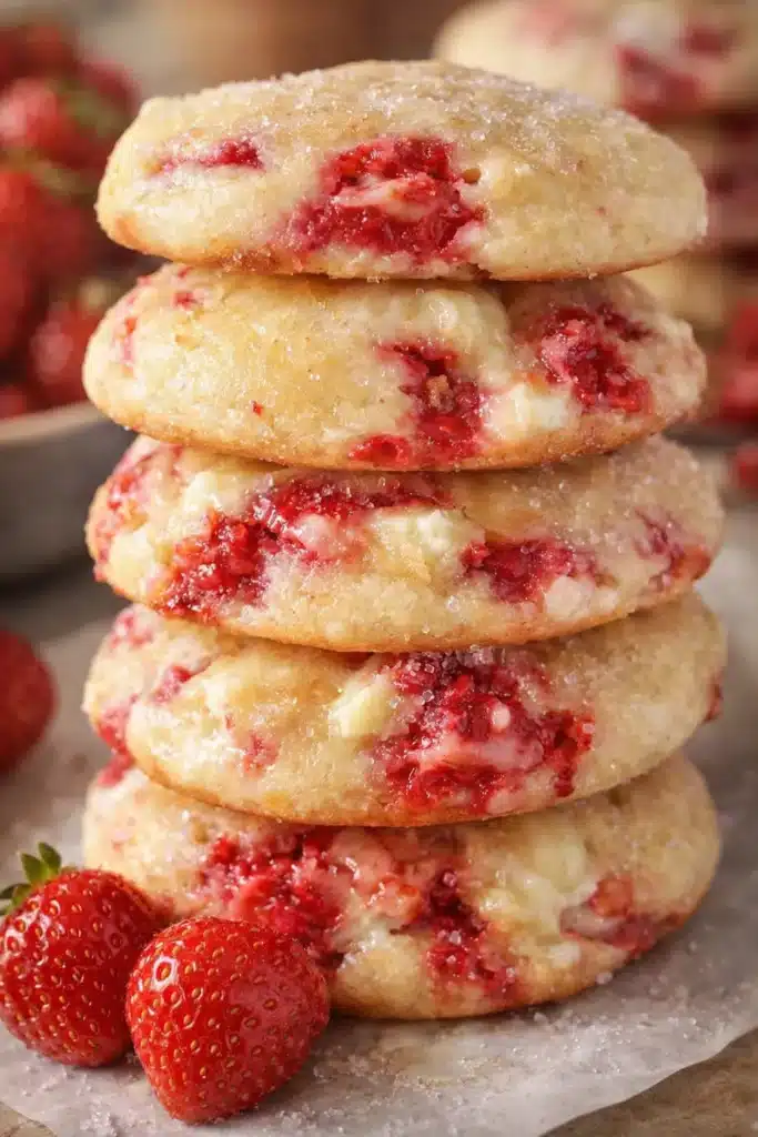 Strawberry cream cheese cookies stacked with soft texture and juicy strawberries