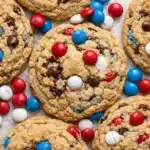 4th of July monster cookies with red white blue candies and chocolate chips
