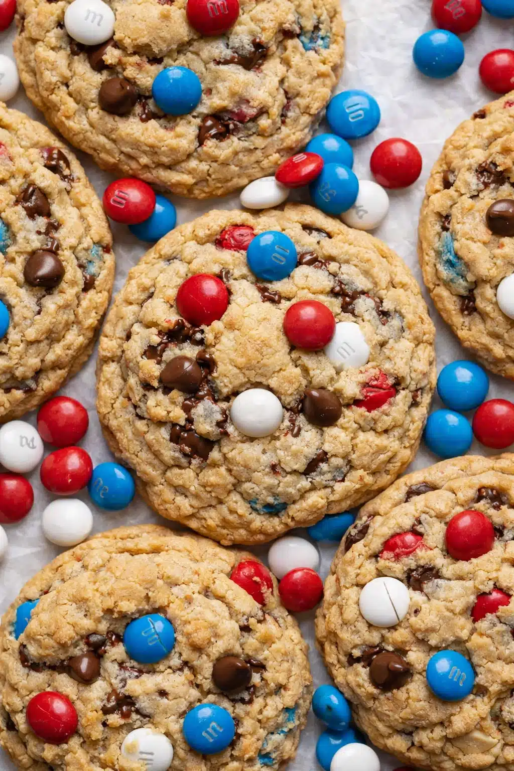 4th of July monster cookies with red white blue candies and chocolate chips