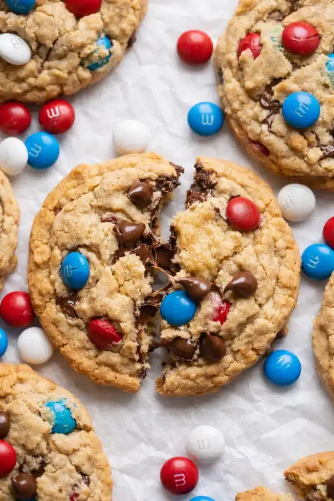 4th of July Monster Cookies broken open showing soft chewy center with chocolate chips