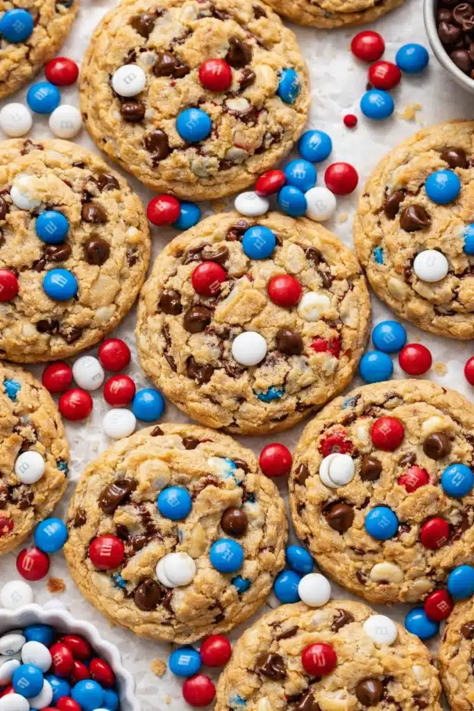 4th of July Monster Cookies with chocolate chips and red white blue candies
