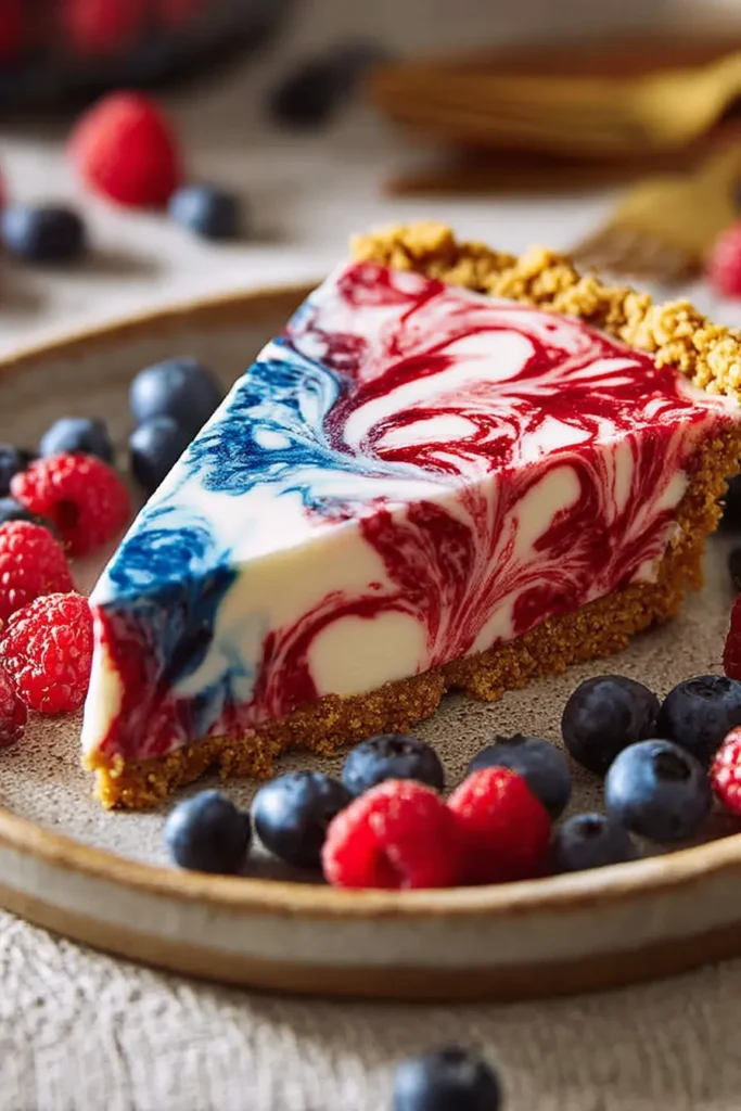4th of July swirl pie slice with red and blue berry swirls and graham cracker crust