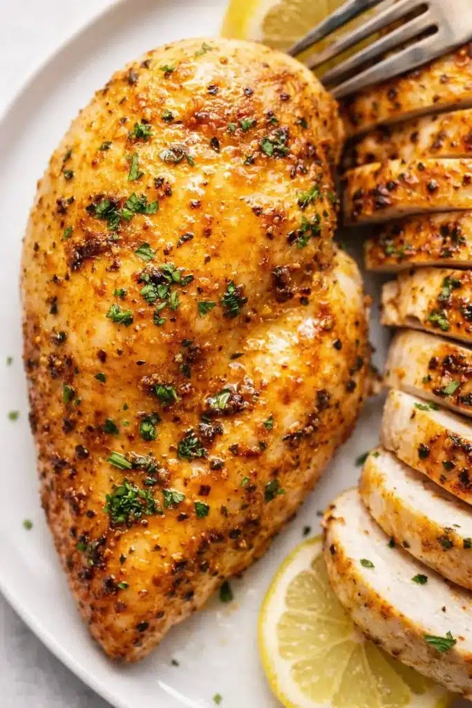 Juicy Air Fryer Chicken Breast sliced with herbs and lemon on plate