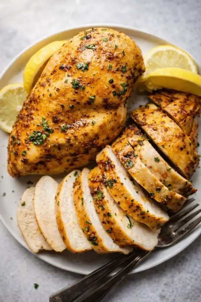 Juicy air fryer chicken breast sliced with herbs and lemon on a plate