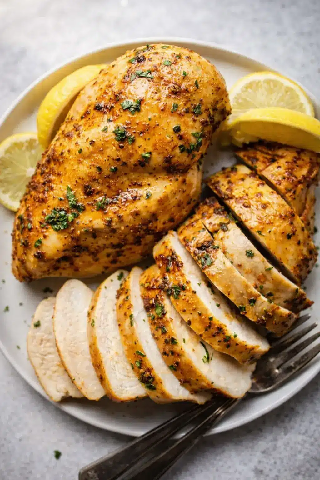 Juicy air fryer chicken breast sliced with herbs and lemon on a plate