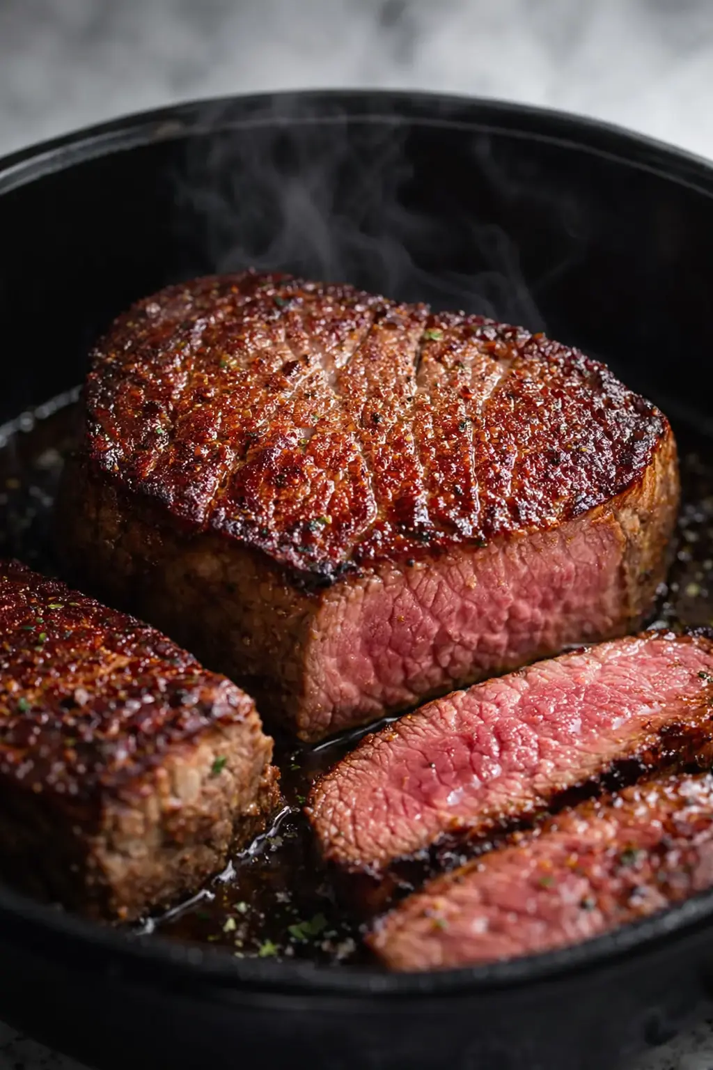 Juicy air fryer filet mignon with seared crust and tender pink center in skillet