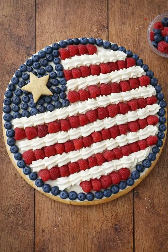 American Flag Fruit Pizza with berries and cream on sugar cookie crust