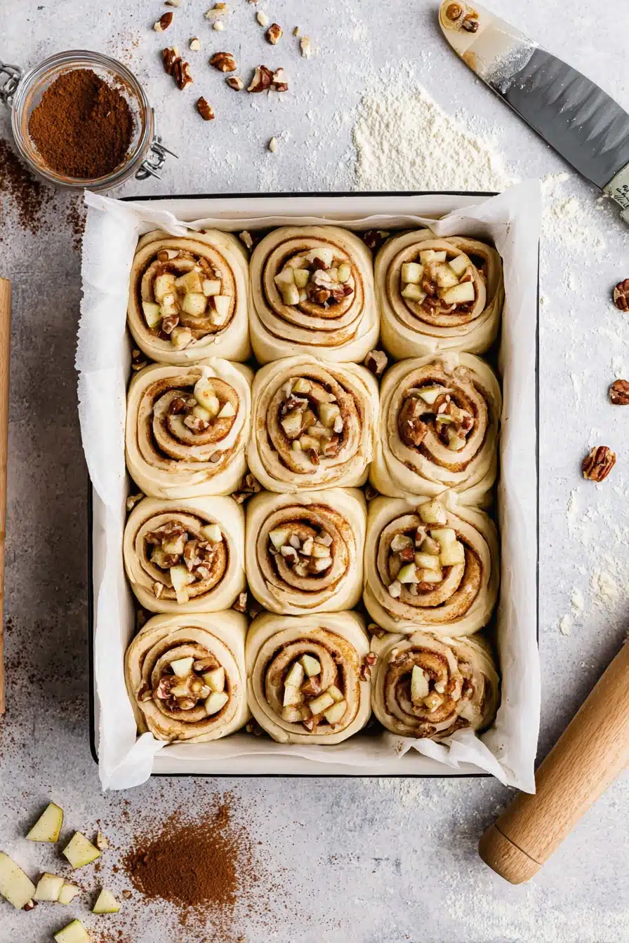 Unbaked apple cinnamon rolls with apple filling in baking dish