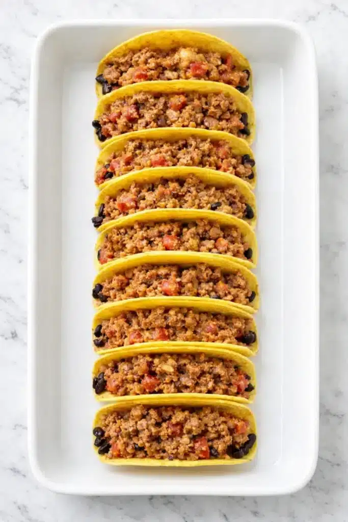 Baked Tacos: Crispy, Cheesy, and Easy Weeknight Favorite 9 Baked tacos arranged in dish with ground beef filling before baking