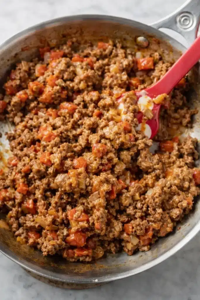 Baked Tacos: Crispy, Cheesy, and Easy Weeknight Favorite 8 Baked tacos meat filling cooking in skillet with ground beef and tomatoes
