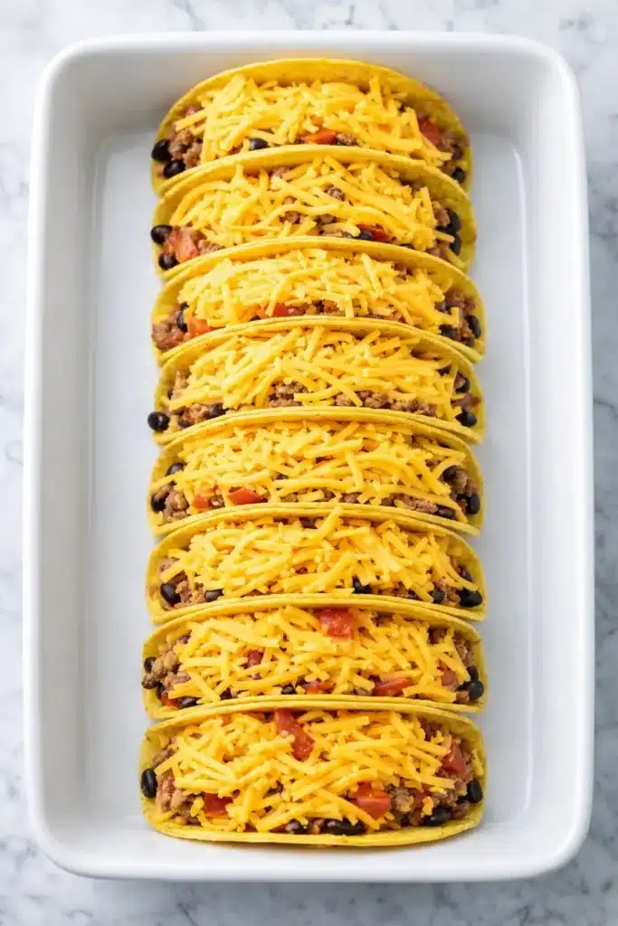 Baked Tacos: Crispy, Cheesy, and Easy Weeknight Favorite 10 Baked tacos topped with shredded cheese before baking in dish
