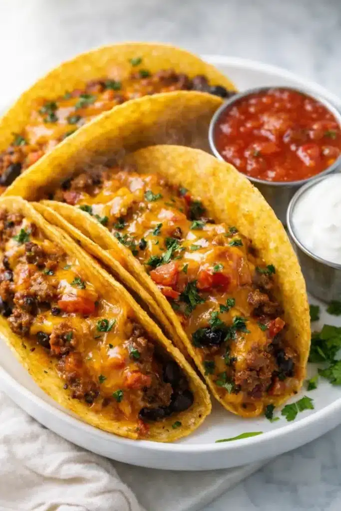 Baked Tacos: Crispy, Cheesy, and Easy Weeknight Favorite 12 Baked tacos with melted cheese served with salsa and sour cream