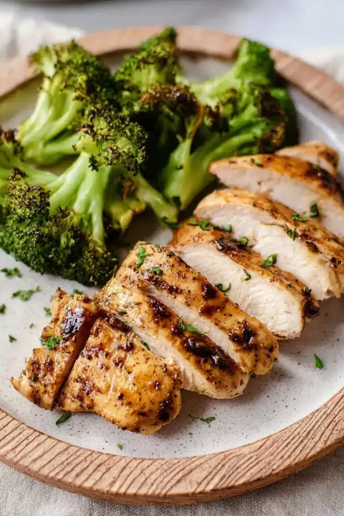 Balsamic baked chicken breast with roasted broccoli on plate