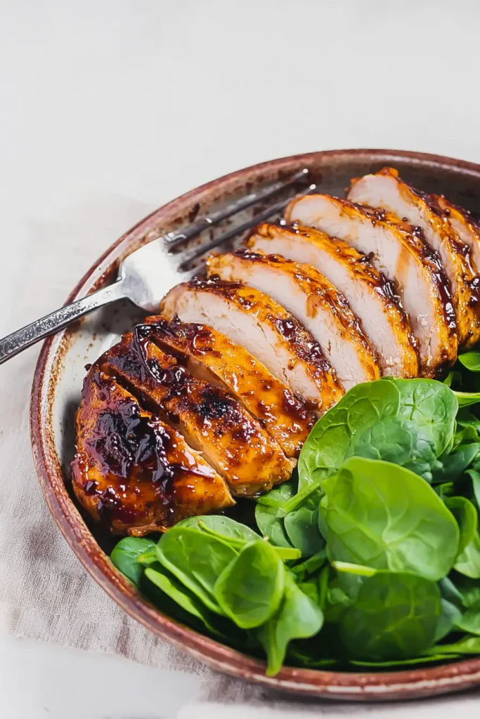 Sliced balsamic baked chicken breast with spinach on a plate