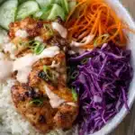Bang Bang Chicken Easy Amazing Dinner Recipe 5 Bang Bang Chicken rice bowl with creamy sauce, vegetables, and white rice