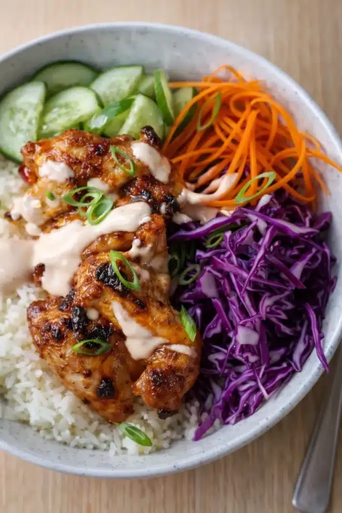 Bang Bang Chicken rice bowl with creamy sauce, vegetables, and white rice