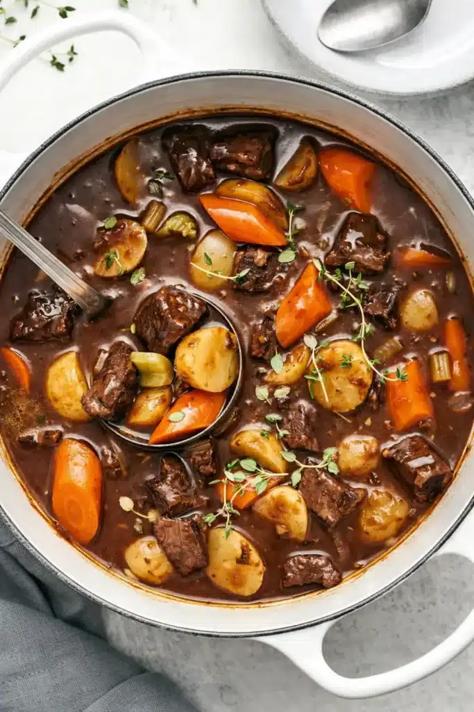 Hearty beef stew with tender beef, potatoes, and carrots in rich brown broth
