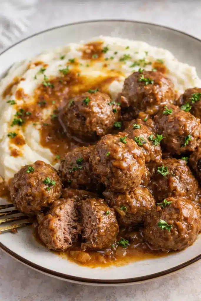 Beefy Onion Crockpot Meatballs Recipe Easy Comfort 6 Beefy onion crockpot meatballs with gravy over mashed potatoes