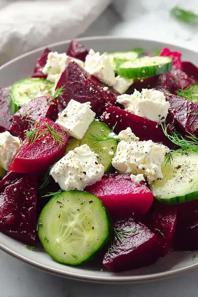Vibrant beet feta salad with cucumber and dill in a white bowl
