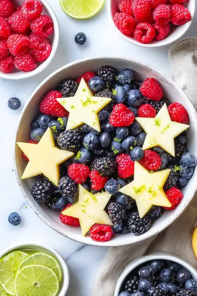 Berry Fruit Salad with blueberries, raspberries, blackberries and apple stars