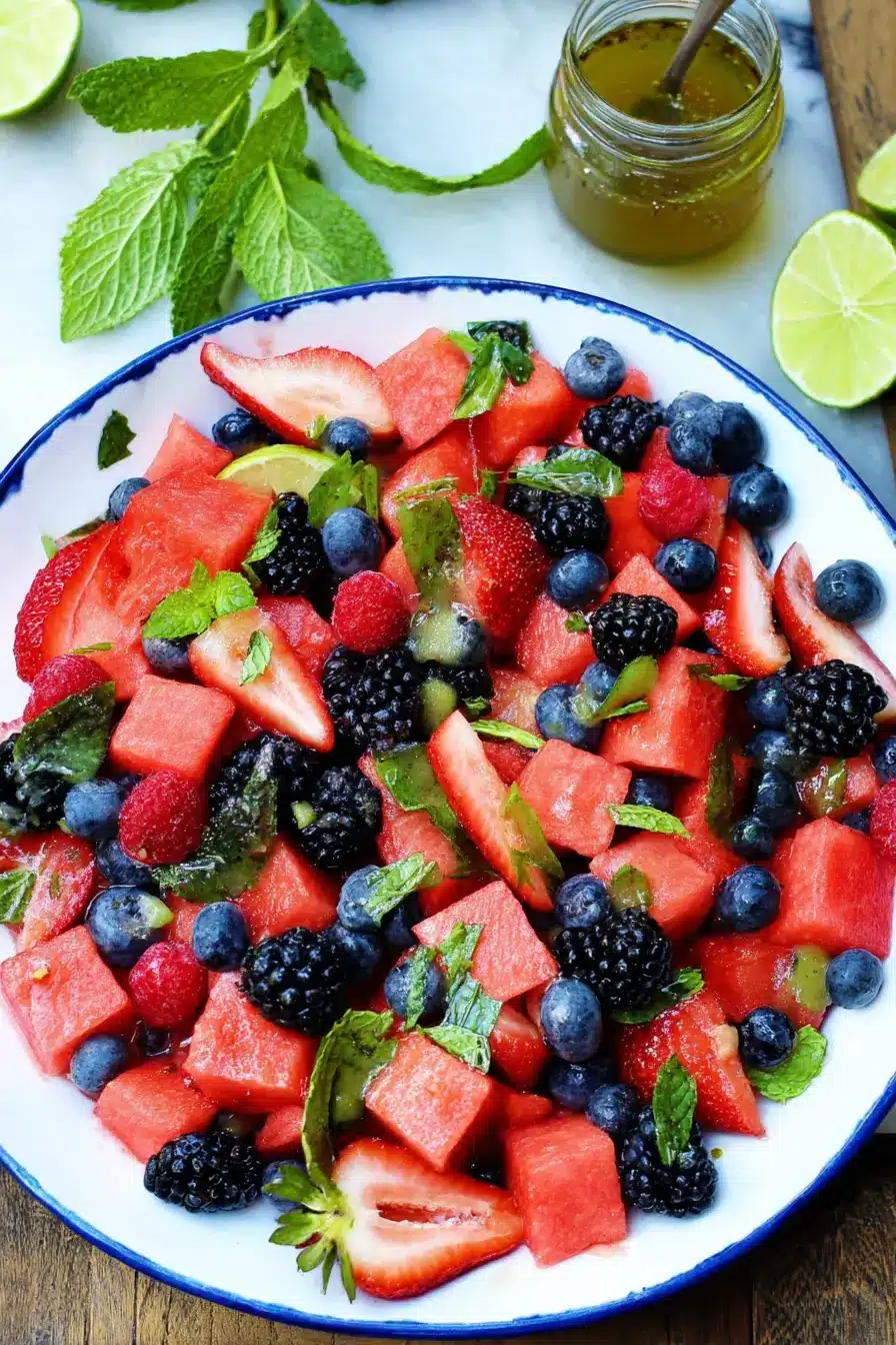 Berry watermelon fruit salad with fresh berries, mint, and lime in a bright summer bowl