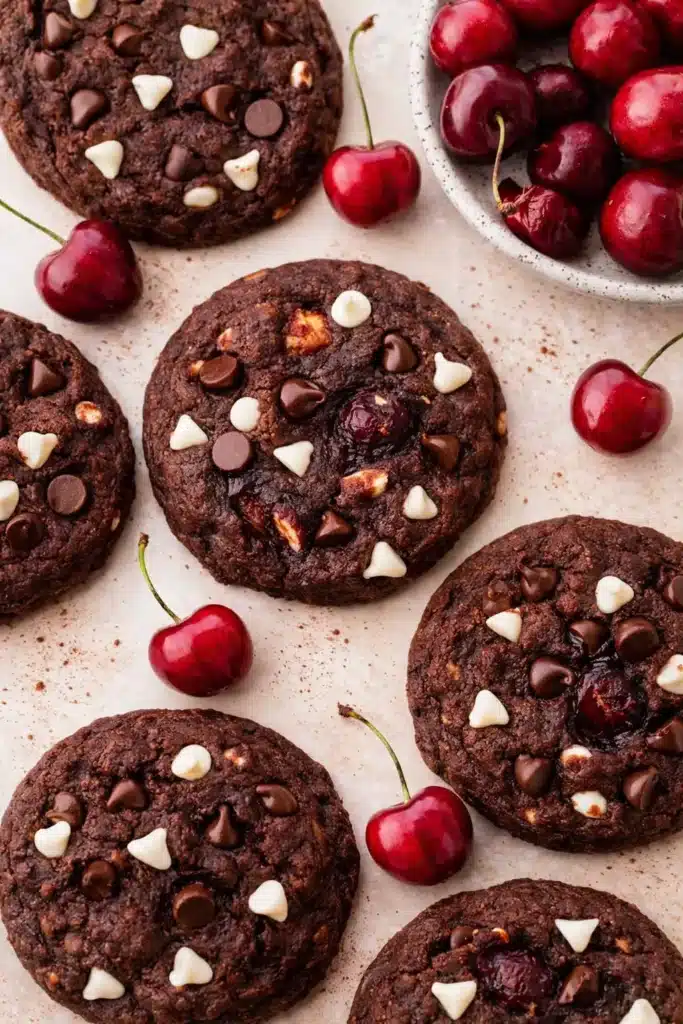 Black Forest Cookies Amazing Soft Cherry Treat 5 Black Forest Cookies with chocolate chips and cherries on a light surface