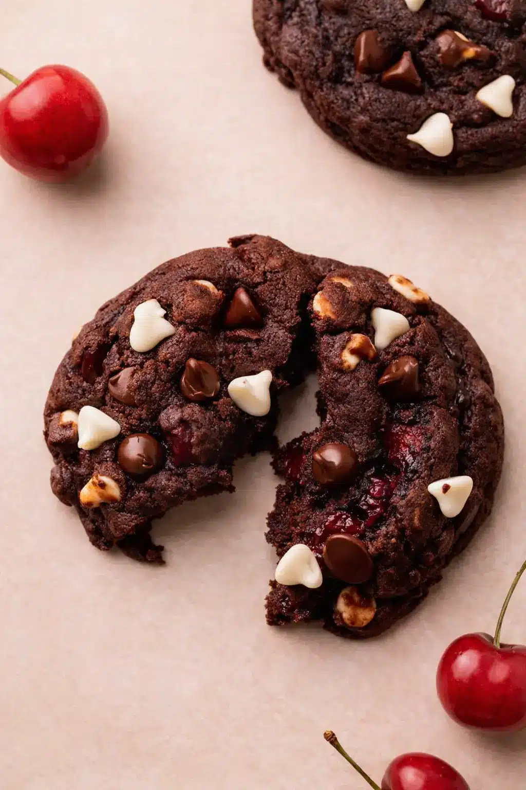 Black forest cookies with chocolate chips and cherries, soft and gooey center