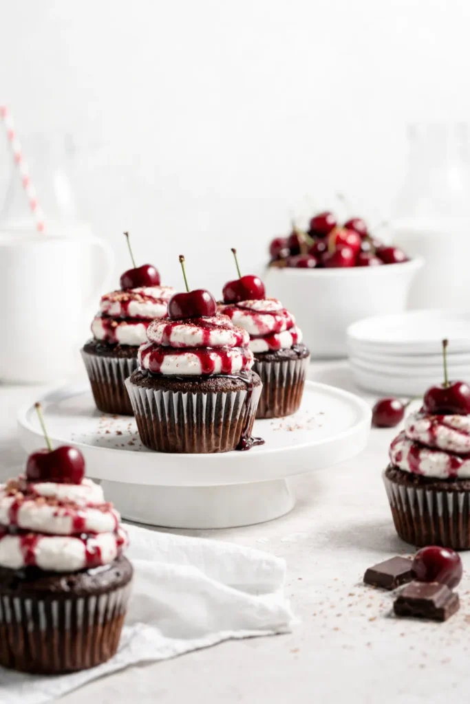 Black Forest Cupcakes with cherry topping on cake stand