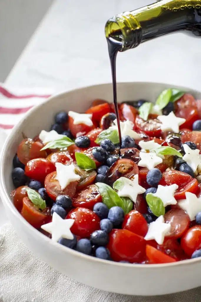 Blueberry Cherry Tomato Caprese Salad with balsamic drizzle